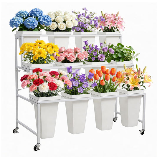 SXJHOPK Flower Display Stand with 12 Buckets, 3-Tier Rolling Plant Stand with Locking Wheels - Heavy Duty Metal Flower Cart for Indoor/Outdoor Use, Wedding Decor & Florist Displays