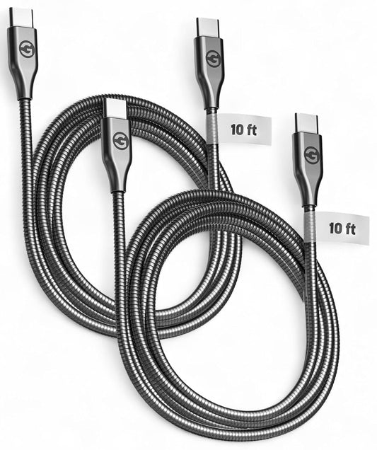 10Ft (2 Pack) (60W) 10 Anti-Tangle USB-C Charger Cable Fast Charging Long Foot Alloy-Braided Metal Type C Cord