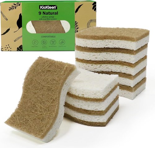 Biodegradable Natural Kitchen Sponges by EcoSponge - 9 Pack Compostable Cellulose & Coconut Scrubbers