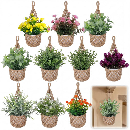GliCraft 10 Pack Macrame Wall Plant Hanger with Artificial Pot Flower - Boho Wall Hanging Planter for Indoor Plant Cotton Rope Holder with Mini Fake Pot Flower for Home Wedding Decor Gift(Jute)