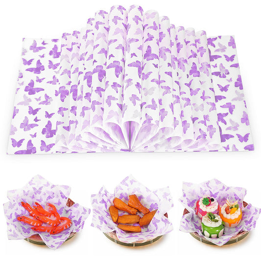 150 Pcs Wax Paper Sheets 7.8 x 9.8 Inche for Food Butterfly Deli Baking Wrapping Wax Paper Sheets Greaseproof Picnic Wrap Tissue for Hamburger Basket Sandwich Holiday Birthday Party Dessert(Purple)