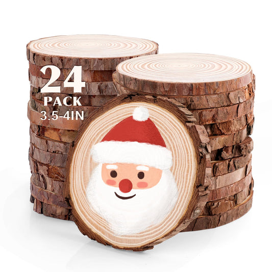 24 Pcs Unfinished Natural Wood Slices for Crafts.3.5-4 Inch Wood Rounds for Craft Supplies. Wood Circles with Tree Bark for Christmas Ornaments,DIY Gifts,Wood Coasters.Painting.