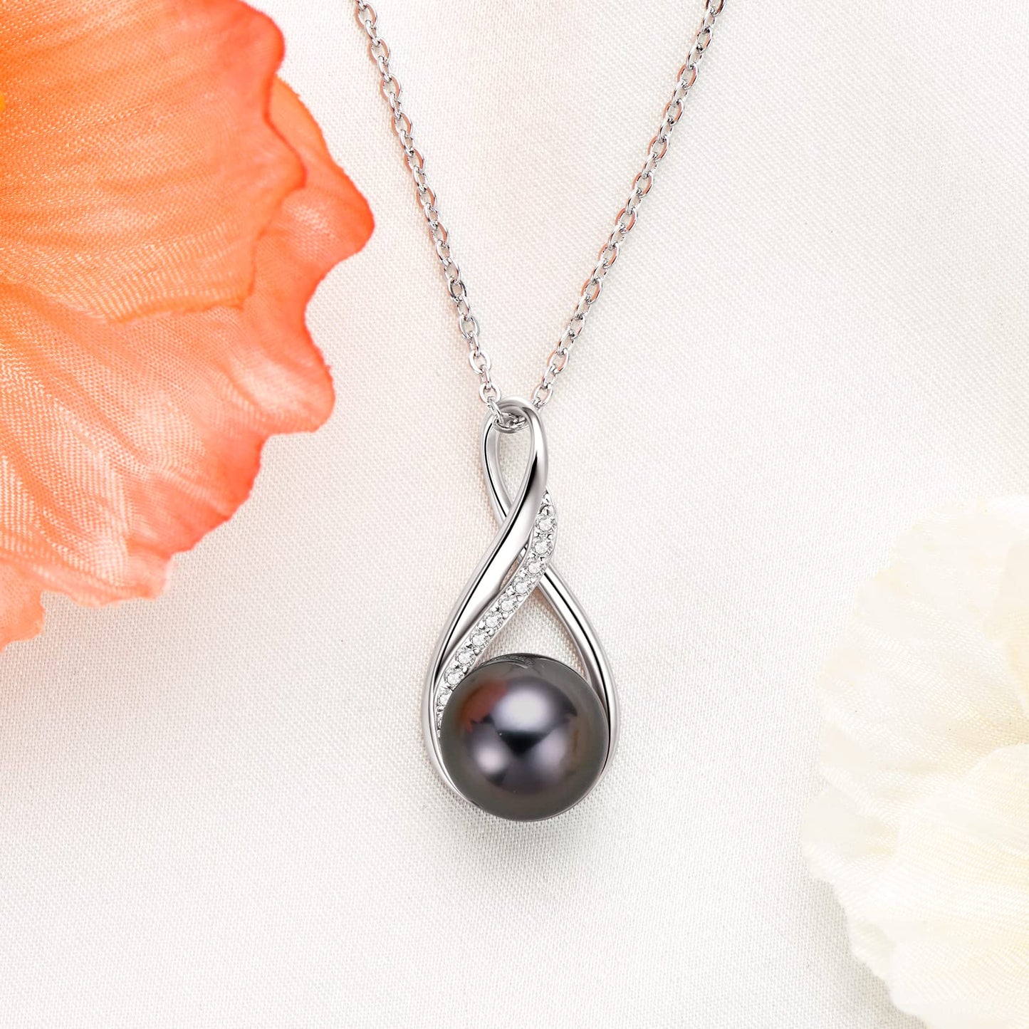 DENGGUANG Tahitian Black Pearl Necklace for Women, 9-10mm Cultured Round Pearl Infinity Pendant with Moissanite, 925 Sterling Silver Adjustable Chain 18+2", Anniversary Wedding Birthday Christmas Gift for Wife Mom, Women Jewelry
