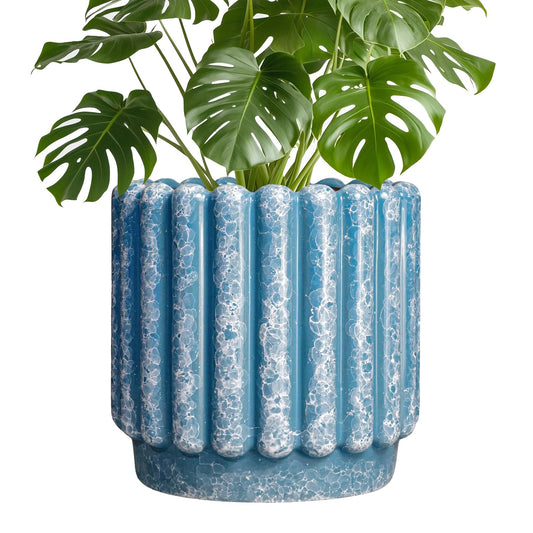 Ceramicfor Ceramic Planter for Indoor Plants - 9.6 Inch Ceramic Plant Pots with Drainage Hole, Large Flower Pots Outdoor, Fluted Decorative Round Planter, Front Door Decor, Housewarming Gifts, Blue
