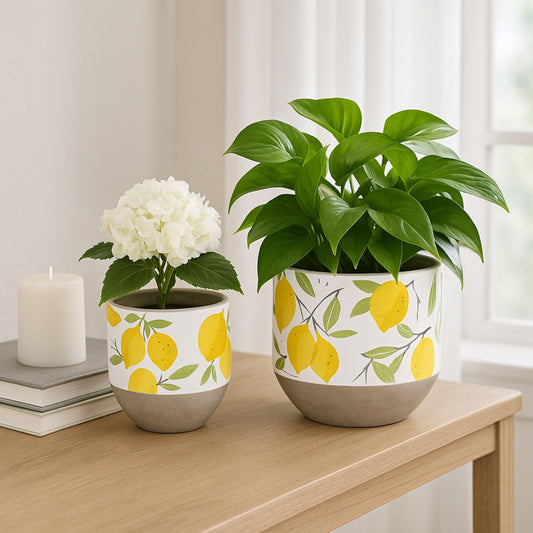 Sagebrook Home Set of 2 Decorative Cement Planters with Drainage Hole - Modern Lemon Print - Indoor/Outdoor Use - 7", 6" Yellow, White, Gray