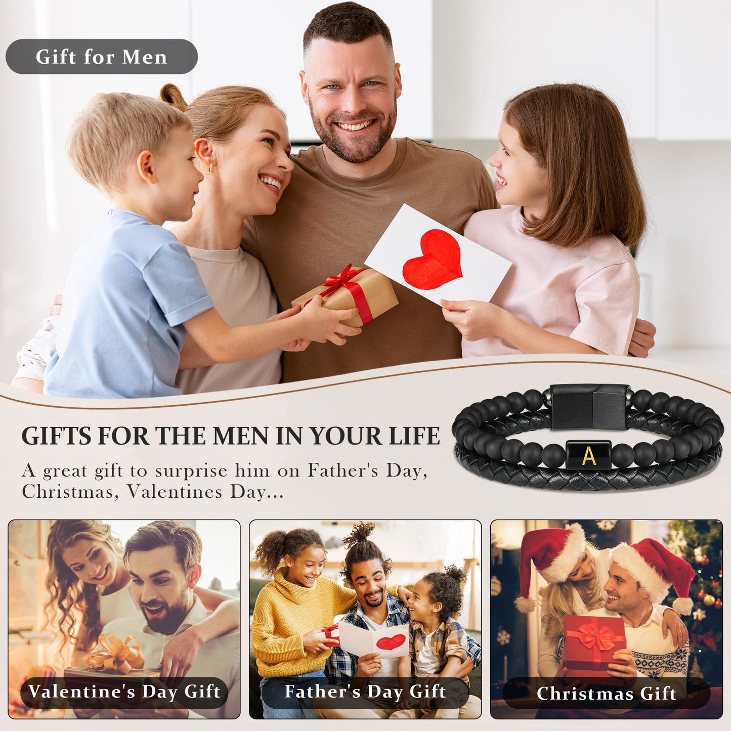 Mens Leather Bracelet with Initial - Men Gift Matte Agate Bead Magnetic Clasp Black Leather Bracelets Mens Gifts Men Bracelets with Initial P Bracelet for Men's Jewelry Men's Gifts for Dad Husband Him