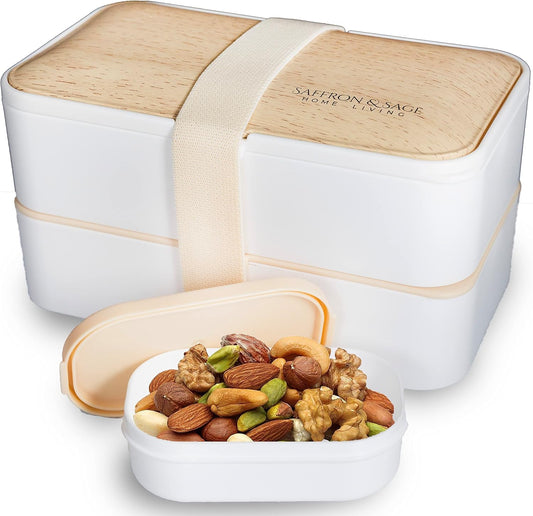 Saffron & Sage Bento Lunch Box - 42oz White Japanese Style Box with Cutlery & Bag | Leak-Proof & Microwave Safe
