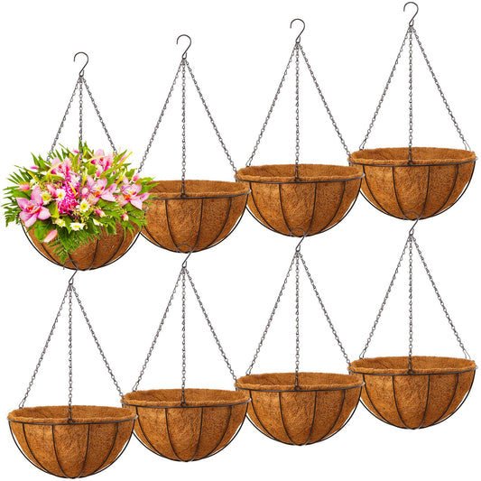 Rtteri 8 Pcs 8 Inch Hanging Baskets for Plants Outdoor with Metal Wire Frame and Coconut Coir Liners, Round Wire Hanging Baskets with Chain for Patio Garden Porch Decoration