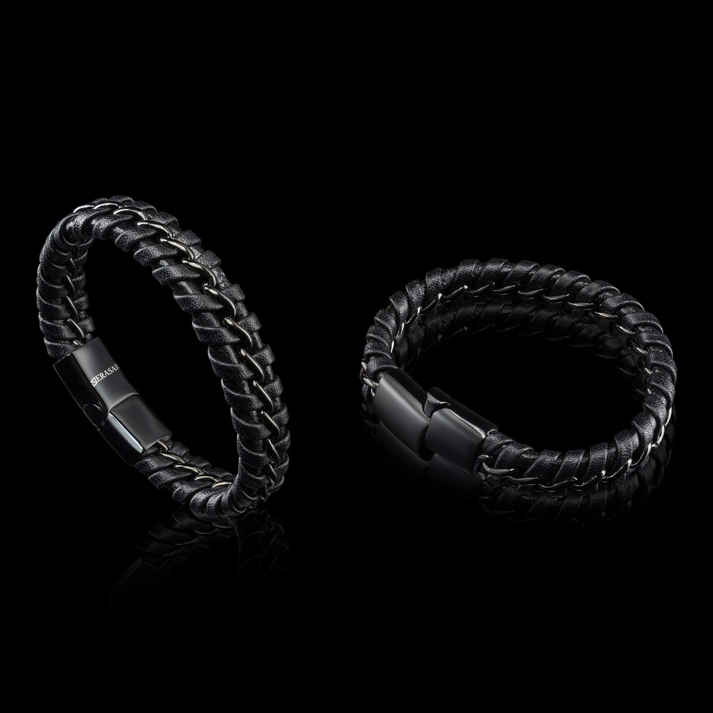 SERASAR 8″ Black Leather Bracelets for Men Mens Cowhide Gift Box Braided Bracelet Stainless Steel Jewelry Wrist Band Cuff Wrap Rope Bangle Dad Man Pulseras para Hombres Cuero Regalo