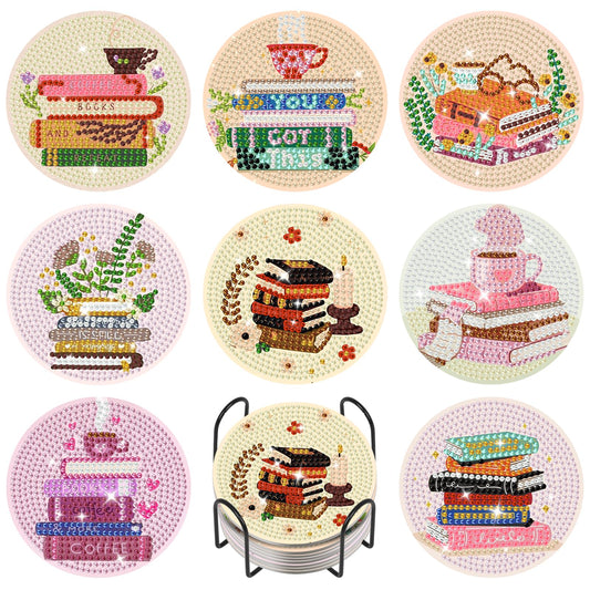 Book Diamond Art Coasters Kit with Holder, Book Lovers Diamond Painting Coasters Set of 8 for Adults, DIY Non Slip Drink Coaster with Cork Pads, Relaxing Craft Kits for Home Decor Gifts 4x4 Inch