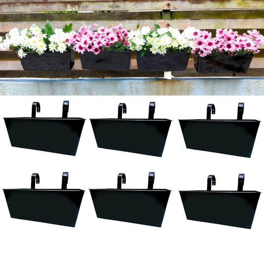 LaLaGreen Railing Planter Box (6 Pack, 12 Inch) Outdoor Black Metal Rectangle Strawberry Hanging Bucket Balcony Garden Fence Deck Flower Pots Boho Countryside Style Patio Living Wall Window Sill Decor