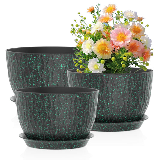 Meowell 12/10/9 inch Large Plant Pots, 3 Pack Wide Flower Pots for Outdoor Indoor Plants, Water Ripples Plastic Planters with Drainage Holes and Saucers for Garden House, Black with Green Speckles