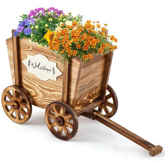 Beeveer Wooden Wagon Planter with Wheels Wagon Flower Planter Wooden Wheelbarrow Decorative for Herbs Vegetables for Indoor Outdoor Decor, Flower Cart for Patio Garden Balcony
