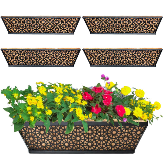 EIMQUVW 4 Pack 24" Railing Planter Window Box Deck Balcony Rail Planter Black Metal Flower Basket Horse Trough Planter with Coco Fiber Liner for Porch Fence Patio Outdoor