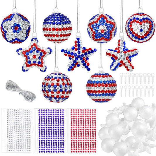 18 Set 4th of July Crafts Activities Kits Patriotic DIY Glitter Foam Star Ball Ornaments Independence Day Decorations Red White Blue Gem Stickers Memorial Day Art Set for Party Supplies Favor