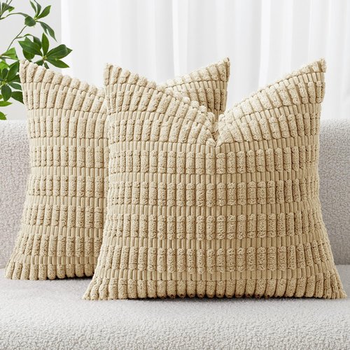 MIULEE Corduroy Throw Pillow Covers - Soft Boho Striped Design | 16x16 Inch Tan for Modern Home Decor