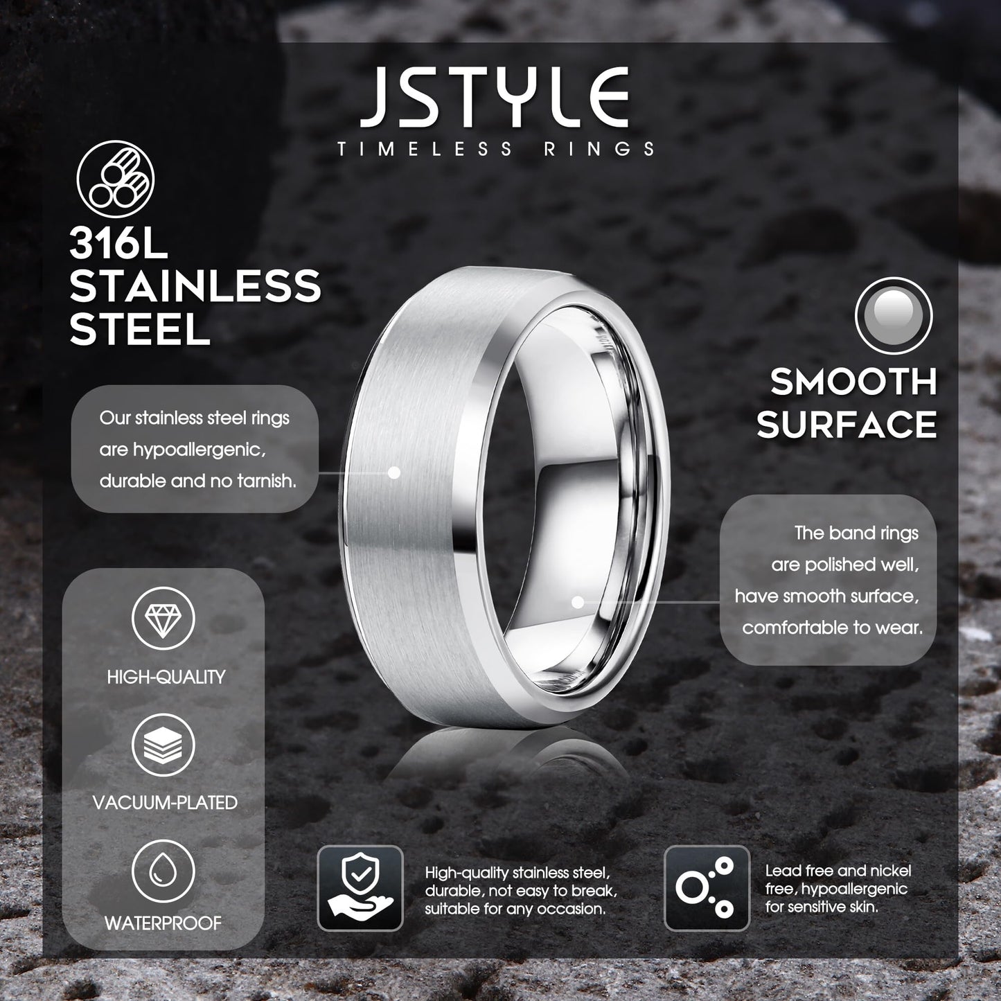 Jstyle Stainless Steel Rings for Men Women 8MM Wedding Band Rings Matte Surface - Beveled Polished Edge Mens Ring Size 6.5 Silver Plated Ring for Men