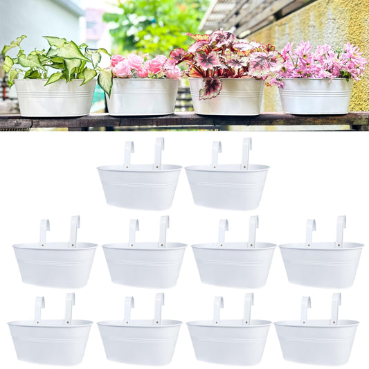 LaLaGreen Rail Planter Outdoor Plants (10 Pack, 11.8 Inch) White Metal Iron Hanging Flower Pots Deck Railings Fence Buckets Countryside Boho Style Wall Mount Window Box Plant Holder Hooks Porch Decor