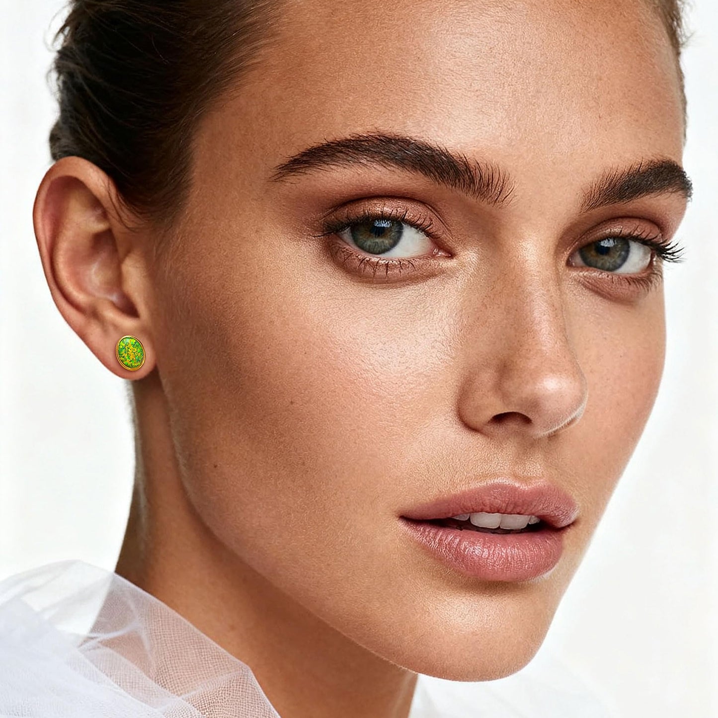 JiayangJY Silver Green Fire Opal Stud Earrings for Women 18K Yellow Gold Plated Sterling Silver Oval Shape 7mm Opal Earrings with Push Back