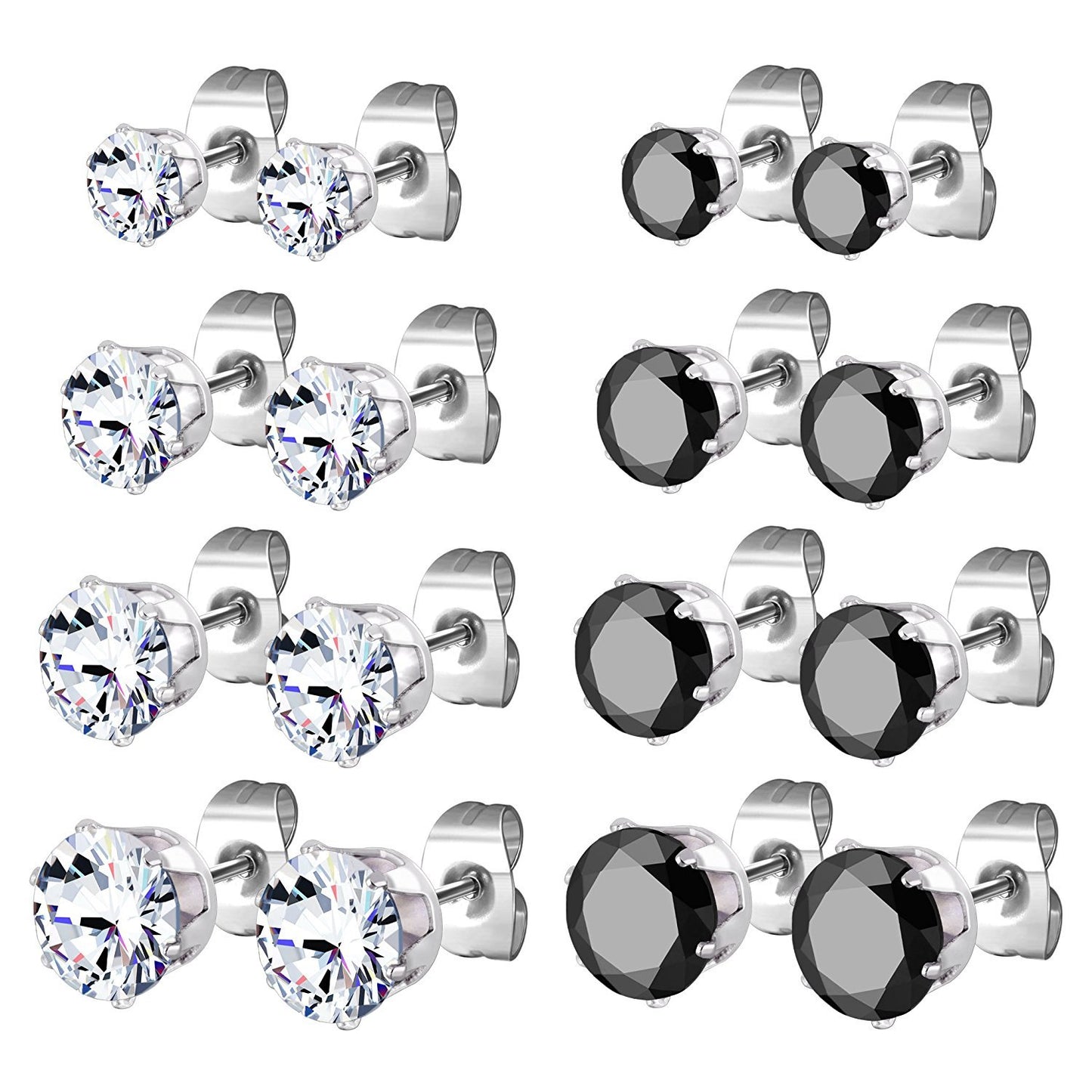JewelrieShop Earrings for Women Studs Set Stainless Steel CZ Earing Hypoallergenic Multiple Piercing Ear Stud (8 pairs,4-8mm,White,Black CZ)