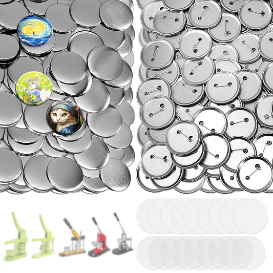 200 Sets 2.25 Inch Button Maker Supplies, 58mm Round Badge Parts with Metal Covers, Plastic Pin Backs, Clear Film & Blank Paper, Perfect for Button Maker Machine & Badge Press