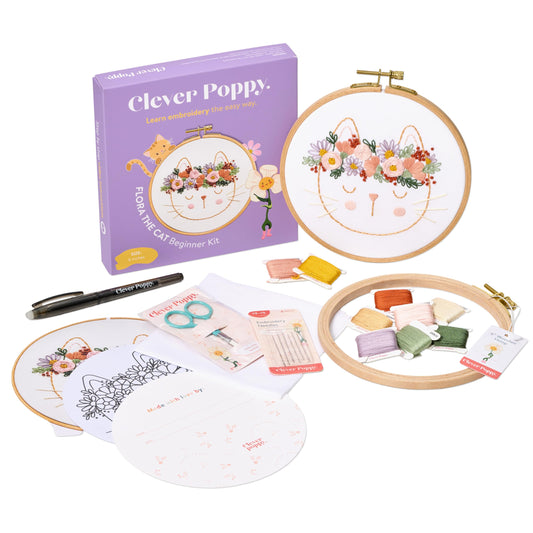 Clever Poppy Flora the Cat Beginner Embroidery Kit – Easy Embroidery Kit for Beginners with Hoop, Thread & Patterns – Hand Embroidery Kit for Adults and Teens – Complete Embroidery Starter Kit