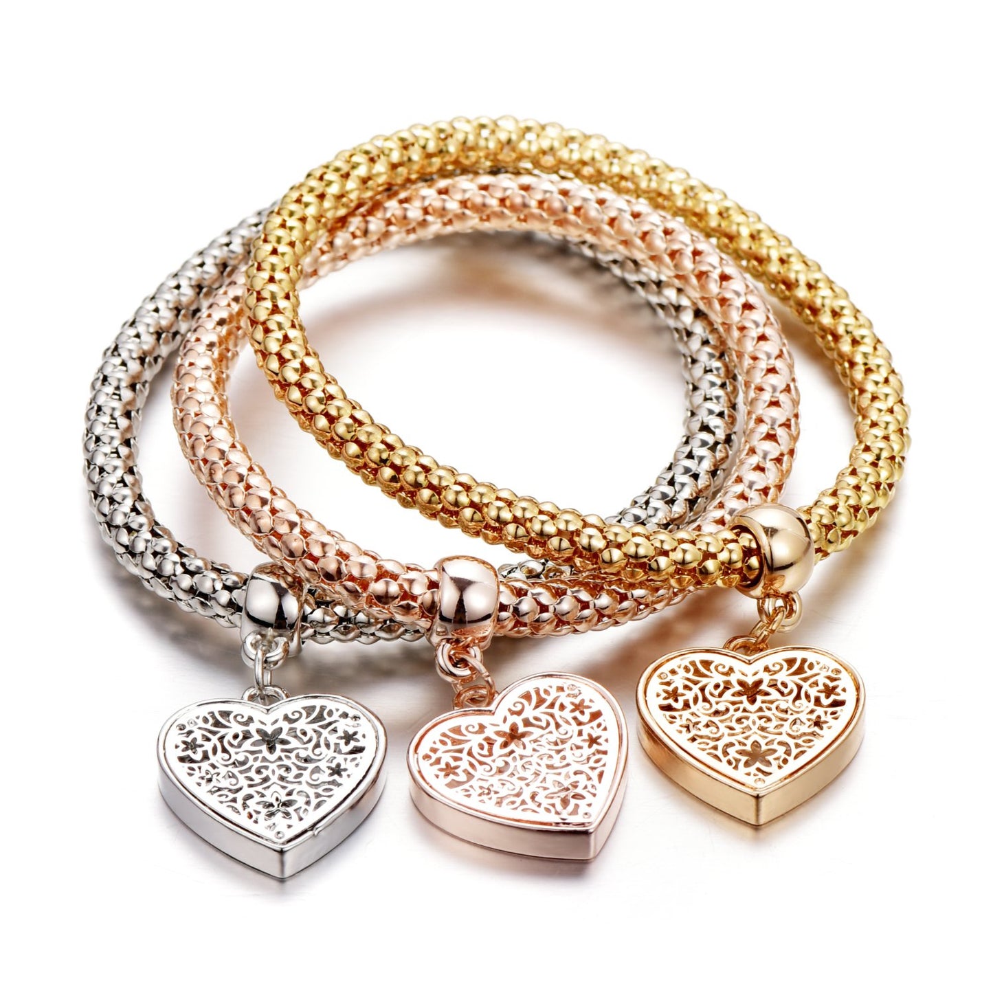 SILANER Crystal Charms Multilayer Bracelets - 3PCS Gold/Silver/Rose Gold Corn Chain Bracelet for Women, Tree of Life Heart Shaped Stretch Bracelet (Heart Charm Bracelets)
