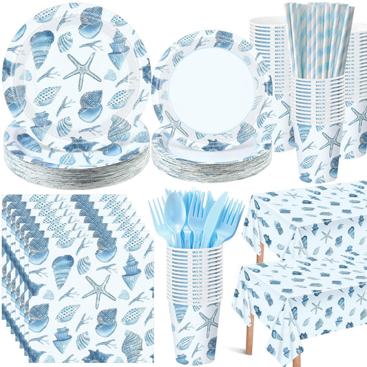 LemonRoad 452 Pcs Ocean Beach Seashell Party Decoration for 50, Coastal Seashell Paper Plates Napkins Cup Tablecloth Cutlery Straw Under The Sea Tableware for Summer Birthday Bachelorette Party Supply