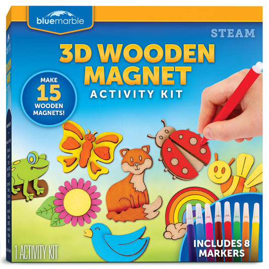 Blue Marble Wooden Magnet Craft Kit - Create & Paint 15 Nature-Themed Magnets with 8 Watercolor Pens, Magnet Art Kit, DIY Magnets for Kids, Magnet Arts and Crafts, Magnet Painting Kit for Kids