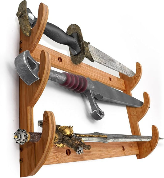 Wall Sword Holder 3 Tier - Bamboo Katana Wall Mount - Sword Mount for Secure Blade Display - Protects Swords, Easy Installation, Space-Saving Design for Home Decor