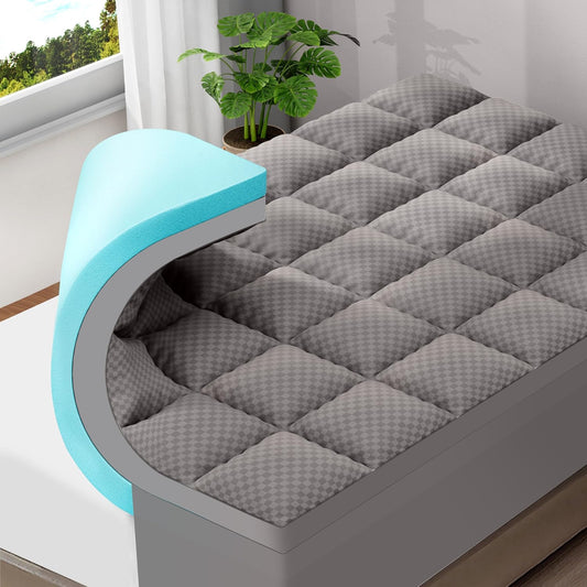 OLANLY Queen Size Memory Foam Mattress Topper - Dual-Layer 4 Inch Cooling Pillow Top, Light Grey