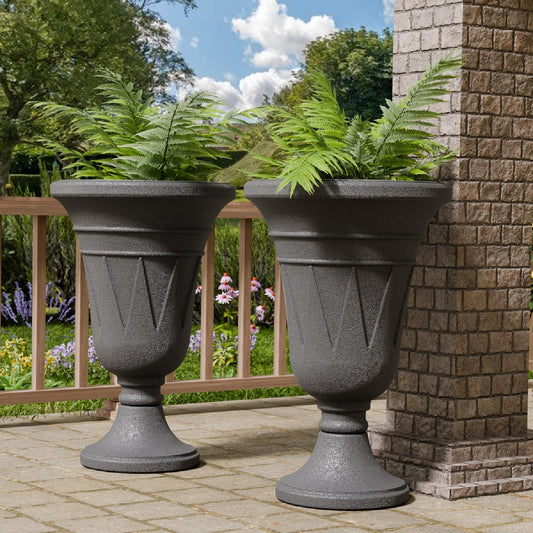 Trygoal 23.6" Tall Plastic Urn Planters for Outdoor Plants, Set of 2 Heavy-Duty Classic Indoor Large Flower Pots with Drainage Holes & Trophy Design, Outdoor Planters for Porch, Home Garden, Dark Grey