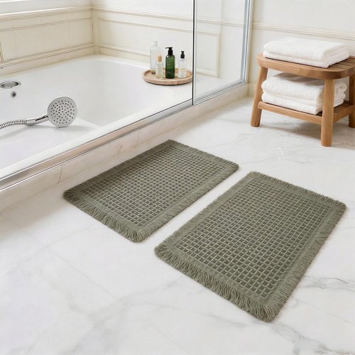 Lunofox Set of 2 Waffle Bathroom Rugs, Super Absorbent Boho Bath Mats, Non-Slip Shower Mats for Bathroom Floor and Tub, Ultra Soft Waffle Weave Runner Mat, Quick Dry, Olive Green, 17x24+18x30 Inch