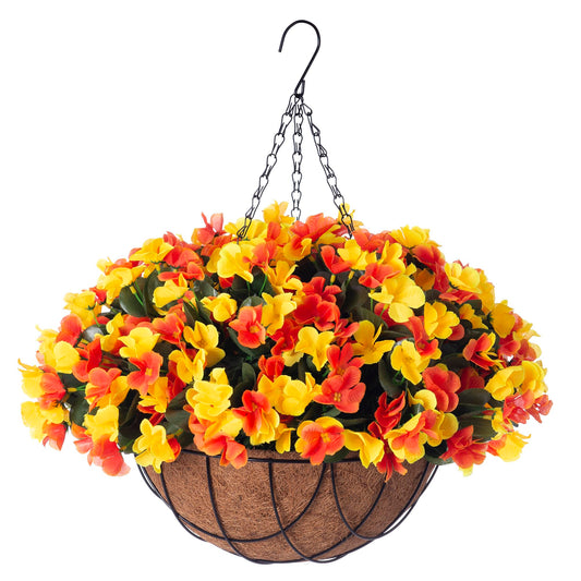 INXUGAO Artificial Hanging Flowers with 12" Basket for Outdoor Decor, Fake Hydrangea UV Resistant Arrangements in Pot Planter Decor for Spring Summer Porch Garden Yard(OrangeYellow)