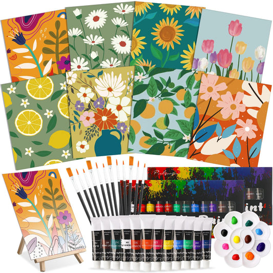 Cholemy 36 Pcs Paint and Sip Kit for Adults 8''x10'' Pre Drawn Canvas for Painting DIY Afro Acrylic Painting Kit Wood Easel Brushes Date Night Bulk for Father's Day Party Gifts(Flowering)