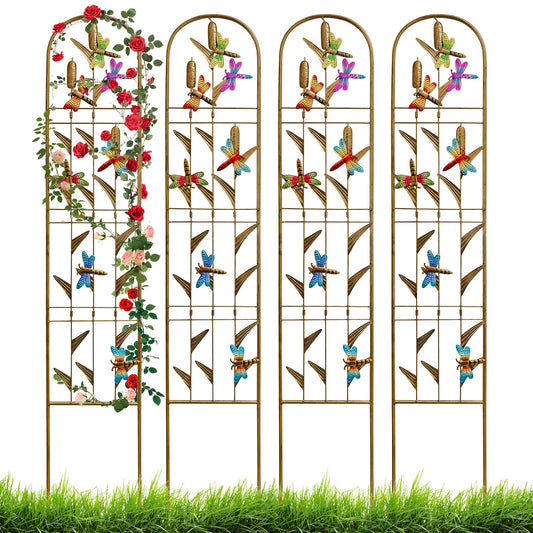 EZ4ENCE 4 Pack Metal Garden Trellis with Colorful Dragonfly Outdoor Decoration Arched Fence Trellis for Climbing Plants for Patio, Backyard