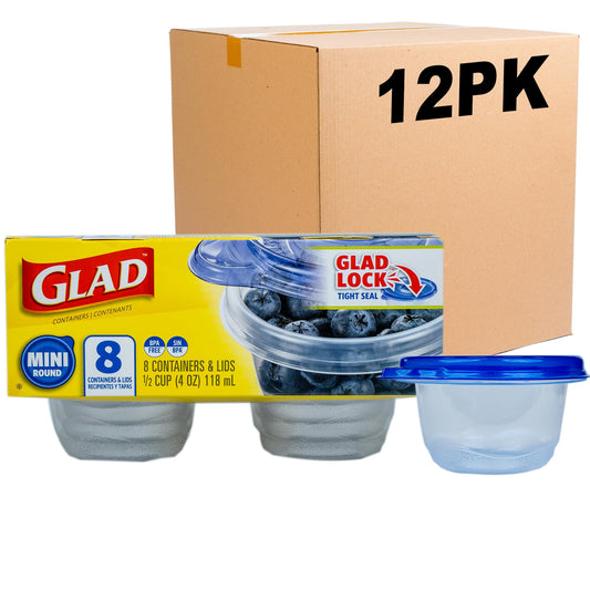 Glad GladWare Mini Round Food Storage Containers with Lids, Small BPA Free Reusable Plastic Snack Containers with Lock Tight Seal for Lunch, Portion Control, and On the Go, 4 Oz, 8 Count - 12 Pack