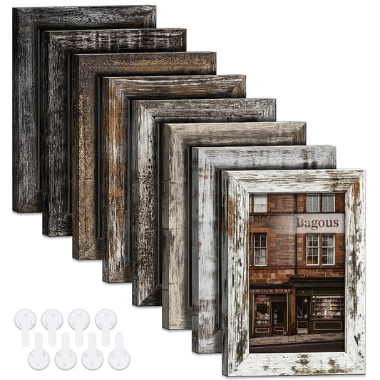 Bagous 5x7 Picture Frames Set of 8, Vintage Rustic Farmhouse Industrial Style Photo Frames, High Definition Real Glass, for Tabletop or Wall Hanging