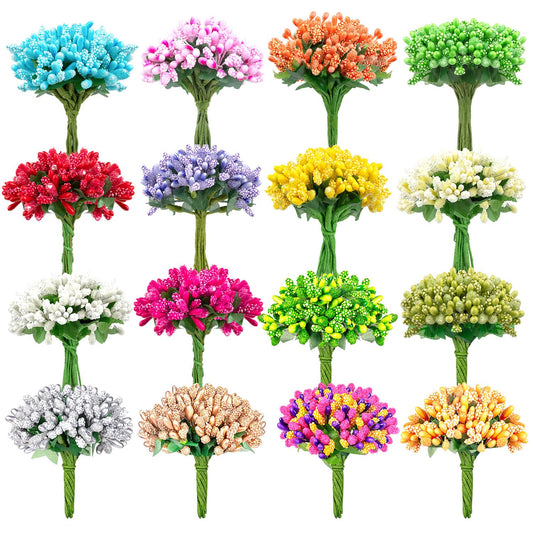 192 Pcs Premium Artificial Flower Stamens for Crafts, 16 Colored Heads Floral Stamens for Flower Making, Tiny Fake Flower Wire Stems for DIY Wedding Bouquets, Scrapbooking, and Plant Embellishment