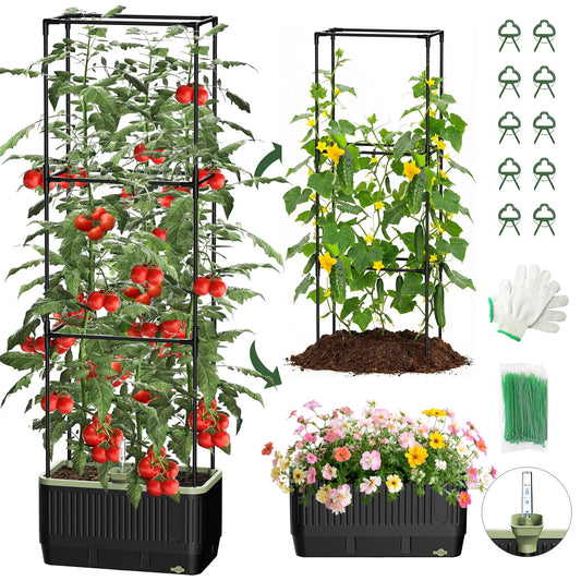 MQJIAZHI Self Watering Tomato Planter with Trellis, Rectangular Tomato Cages Trellis for Raised Garden Bed, Tomato Planters Box for Garden Pots Patio Indoor Outdoor (Rectangular, 1PC)