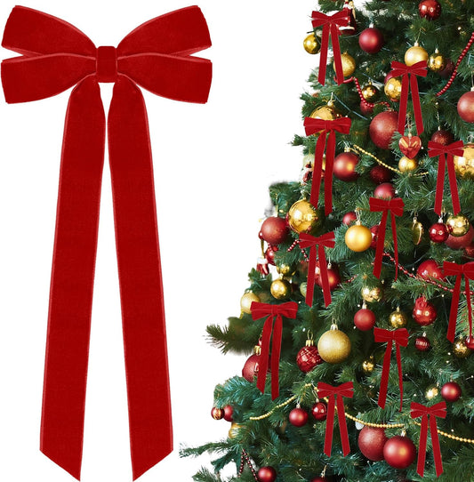 Regine Switzerland 12Pcs Red Velvet Ribbon Bows - 5in x 10in Xmas Tree Ornaments for Holiday Decor