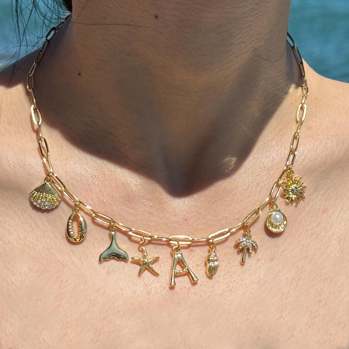 JALZEMPL Initial Charm Necklaces For Women Shell Letter Paperclip Chain Seashell Starfish Beach Summer Pendant Boho Surfer 14K Gold Plated Jewelry Gift (J)