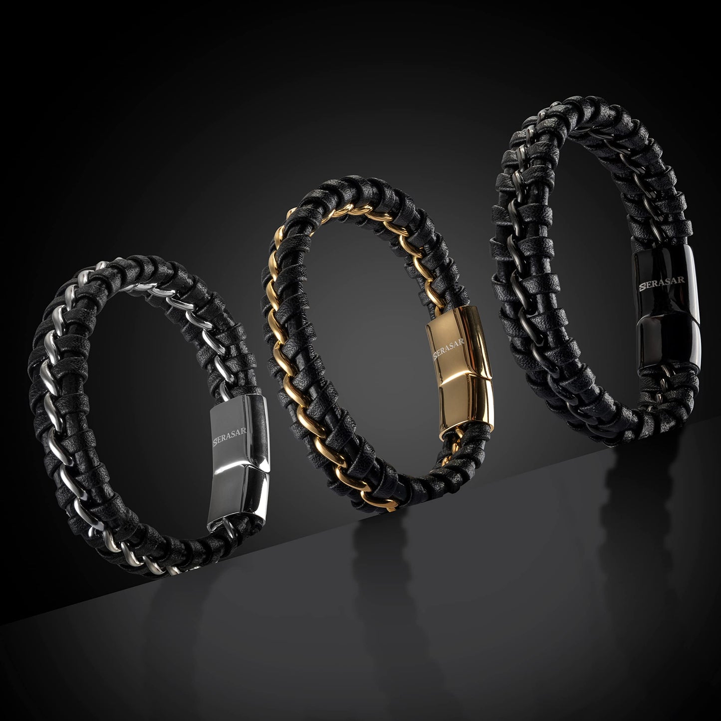 SERASAR Mens Leather Bracelets African Bracelet for Men Silver Cowhide Gift Box Braided Stainless Steel Jewelry Wrist Band Cuff Wrap Rope Bangle Dad Man Pulseras para Hombres Cuero Regalo