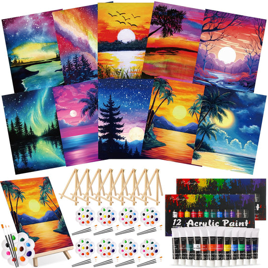 Ctosree 72 Pcs Vivid Sunset Paint and Sip Kit for Adults 8'' x 10'' Pre Drawn Canvas for Painting DIY Pre Printed Canvas for Party Favor Acrylic Painting Kit Wood Easel Brushes Date Night Bulk