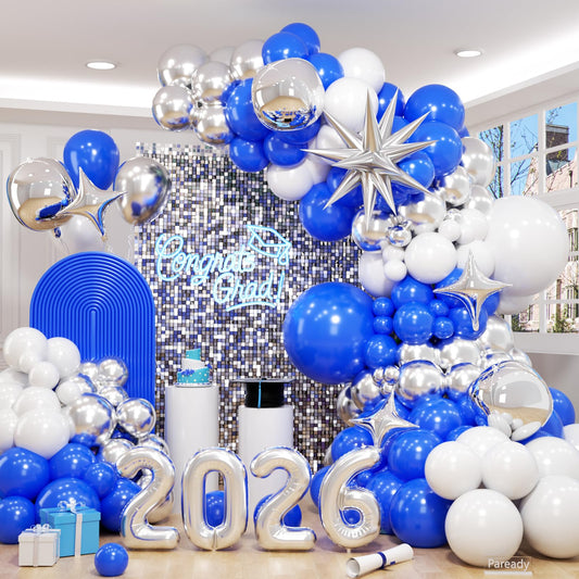Blue Silver White Balloons Arch Kit, Blue White Balloon Arch with 4D Silver Star Graduation 2026 Foil Balloon Banner, Royal Metallic Balloons for Class of 2026 Graduation Decoration Birthday Party