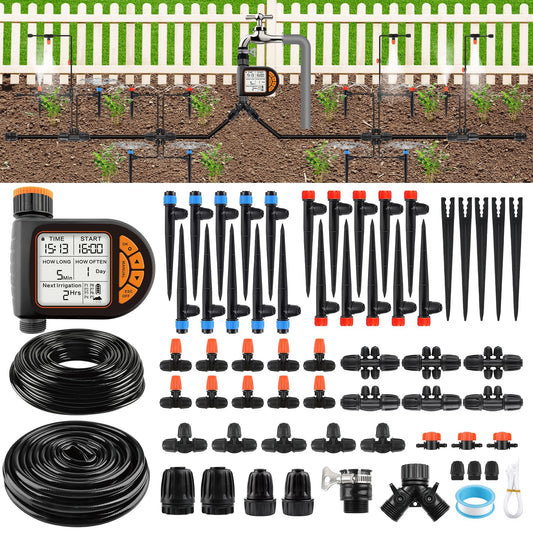 207FT Automatic Drip Irrigation Kit with Water Timer, Kalolary 1/4" 1/2" Adjustable Garden Watering System with 4/7mm 16mm Tubing Micro Drip Automatic Irrigation System for Greenhouse Raised Beds Lawn