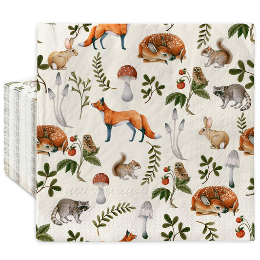 JarThenaAMCS 80 Pack Forest Animal Paper Napkins Mushroom Disposable Napkins Watercolor Woodland Decorative Luncheon Dinner Napkin for Party Supplies Table Decor
