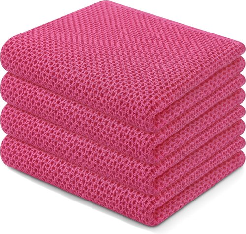 Homaxy Kitchen Dish Towels - Ultra Soft 100% Cotton Waffle Weave, Quick Drying, 13 x 28 Inches, 4-Pack, Hot Pink
