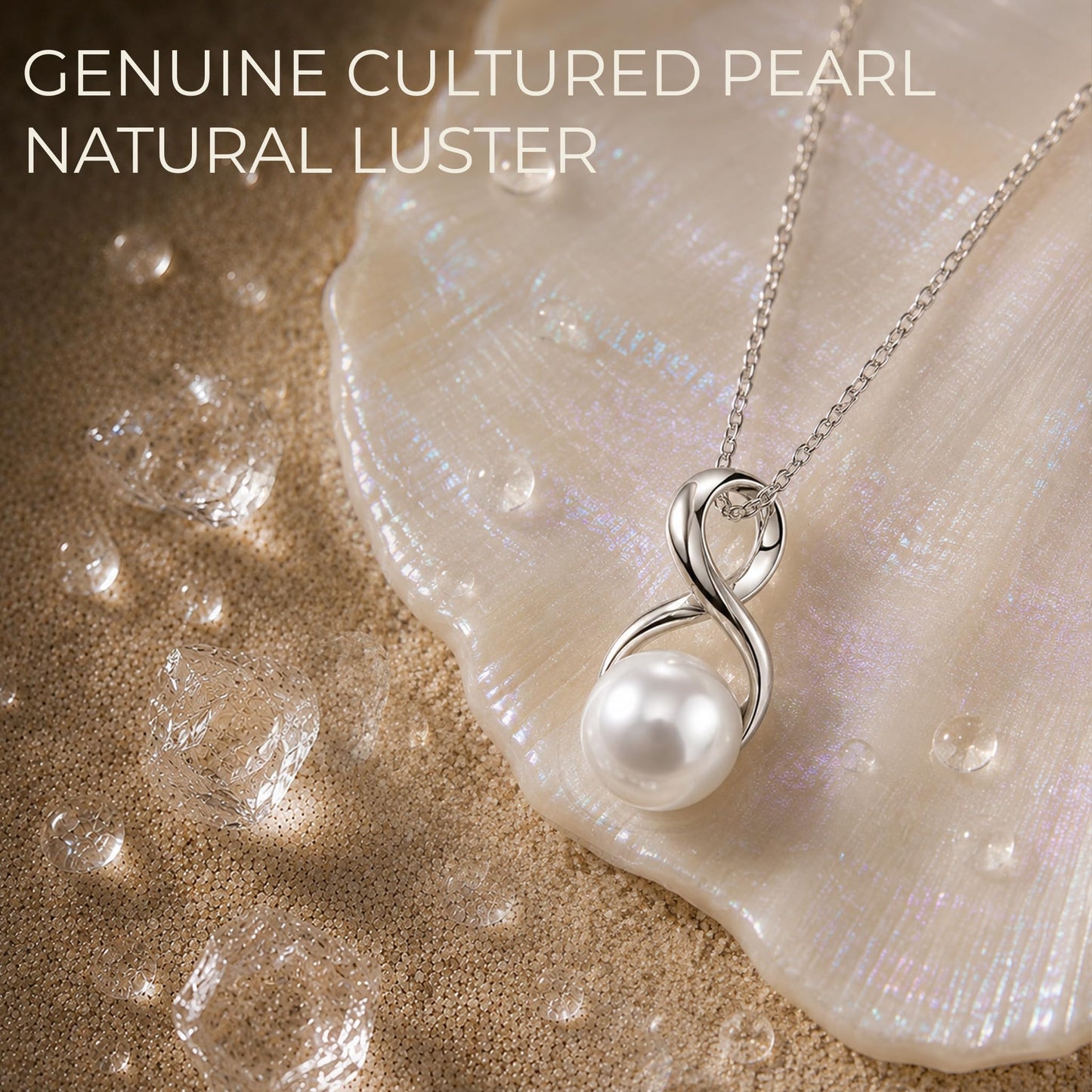 The Pearl Source Real Pearl Pendant Necklace for Women, 14K Gold Plated Sterling Silver, Genuine AAAA Cultured Freshwater Pearl, 9-9.5mm White Pearl Infinity Pendant Necklace, Adjustable Chain