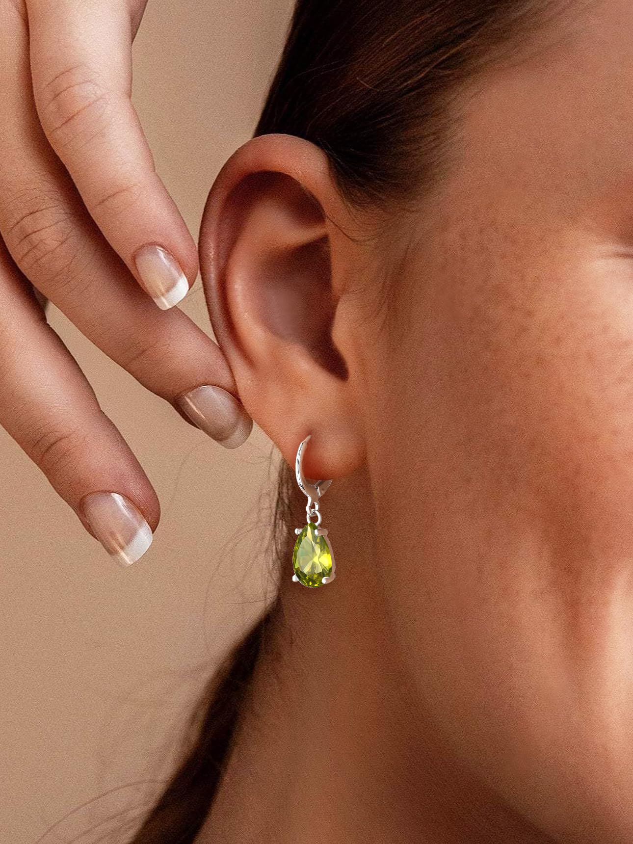 Bestyle Silver August Birthstone Drop Dangle Earrings - Created Peridot Teadrop Earrings for Women - Dainty Cute Small Silver Huggie Hoop Dangle Earrings for Birthday Wedding Party Gowns